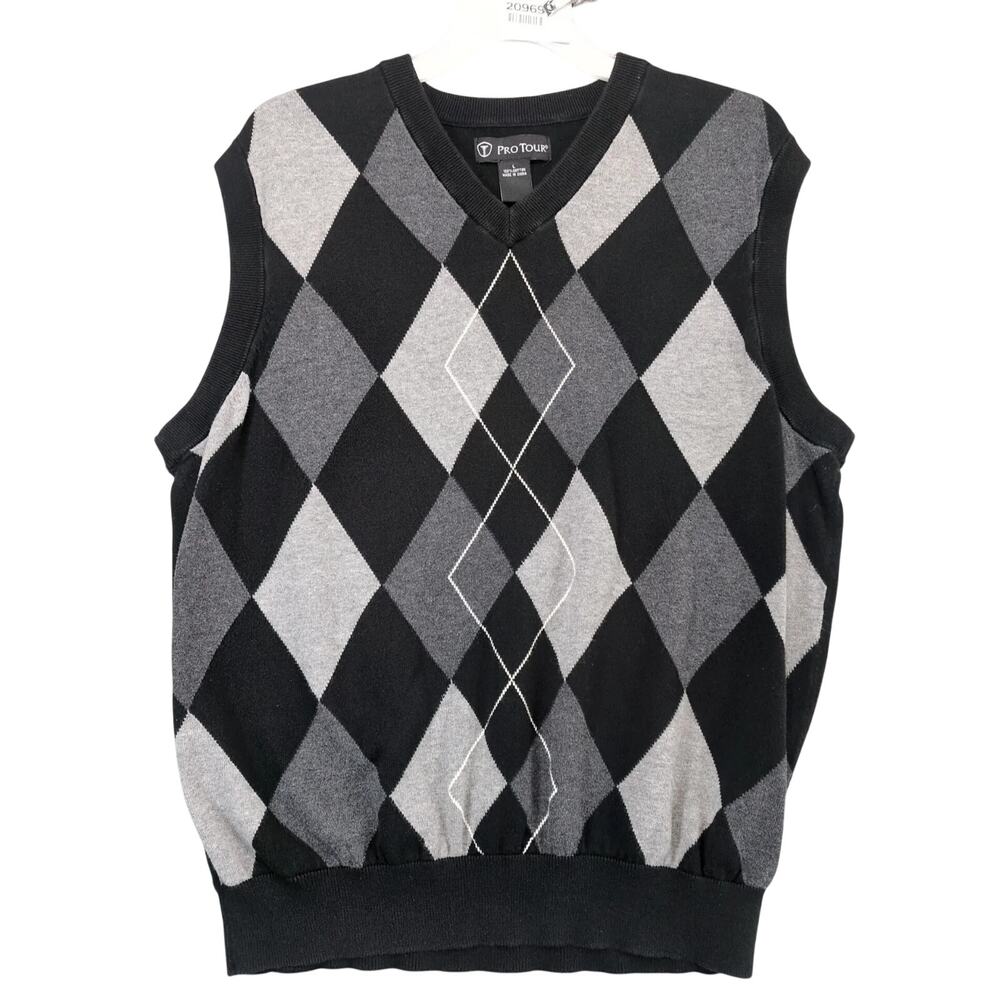 Pro Tour Black Gray Argyle Knit Sweater Vest Men's L 100% Cotton Golf‎ Preppy